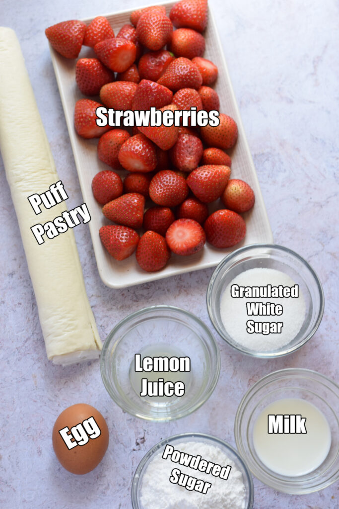 Ingredients to make the strawberry puff pastry turnovers.