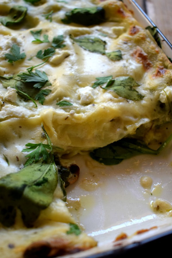 close up of the spinach mushroom and rocotta lasagna