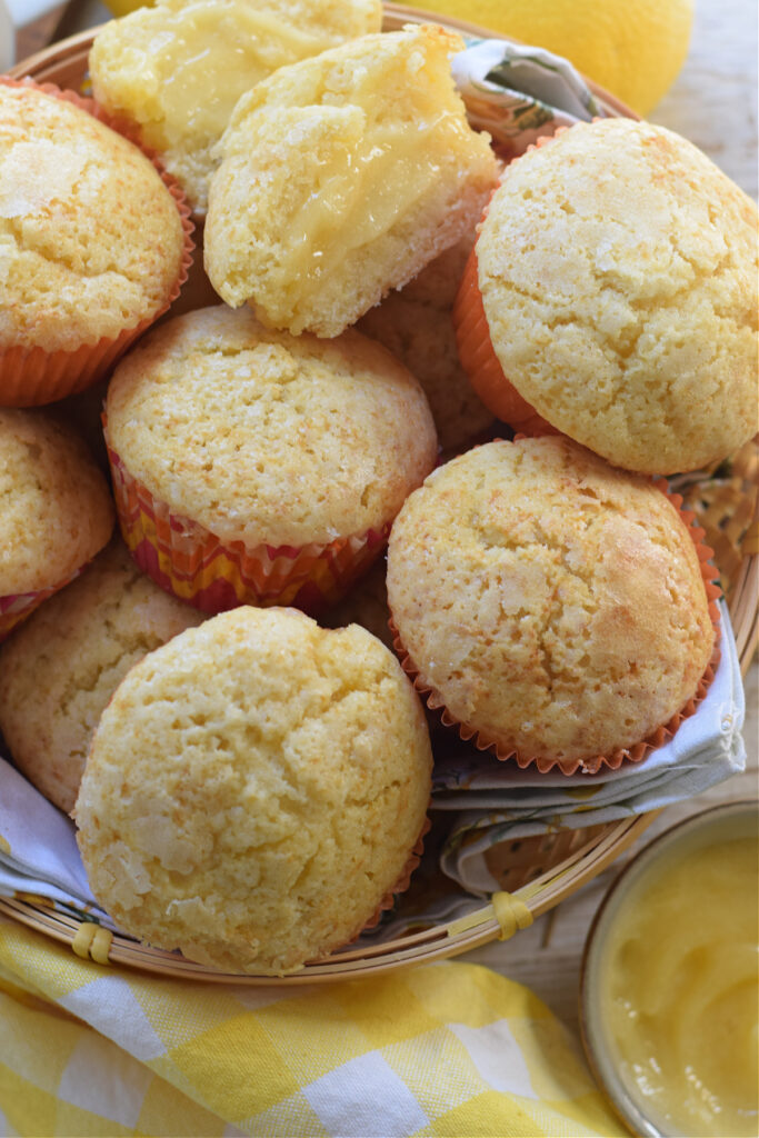 Lemon muffins in a basket.