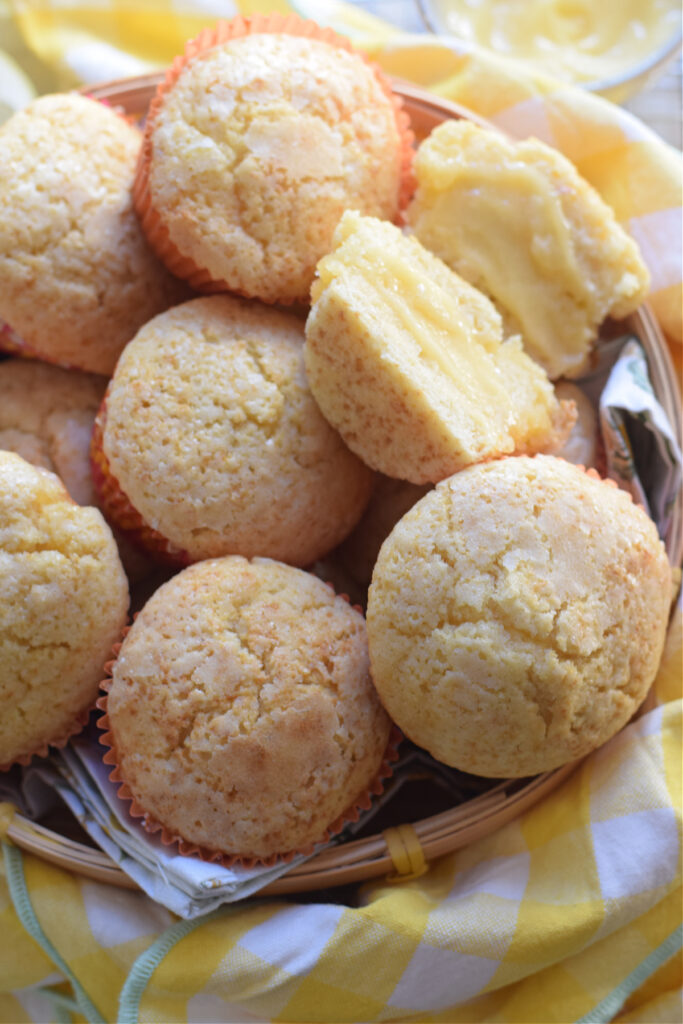 Lemon muffins in a basket.