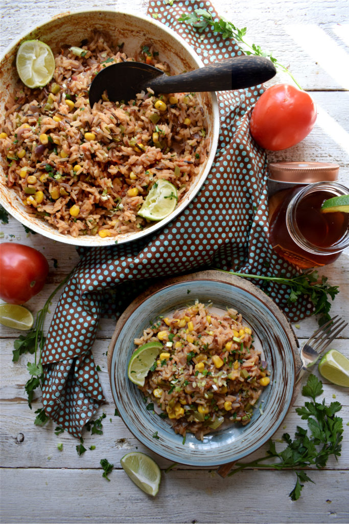 over head table setting view of the mexican style rice