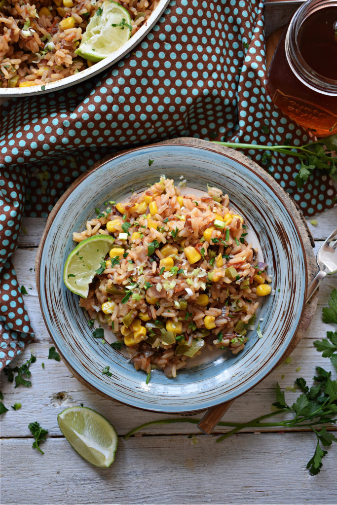 over head table setting view of the mexican style rice