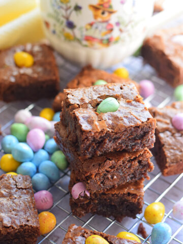 mini-egg-brownies-image Mini egg brownies on a tray with a Easter mug.