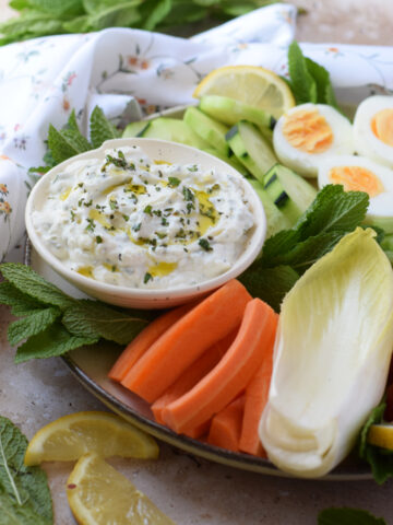 Mint dip with a vegetable platter.