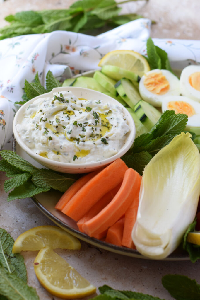 Mint dip with a vegetable platter.