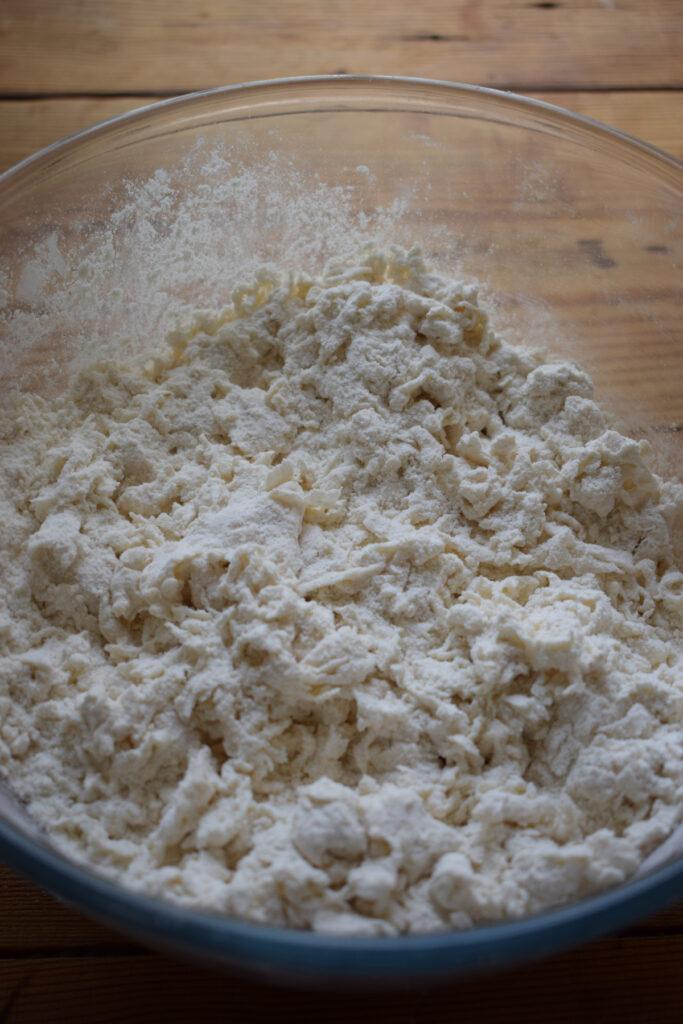 Making dough in a bowl.