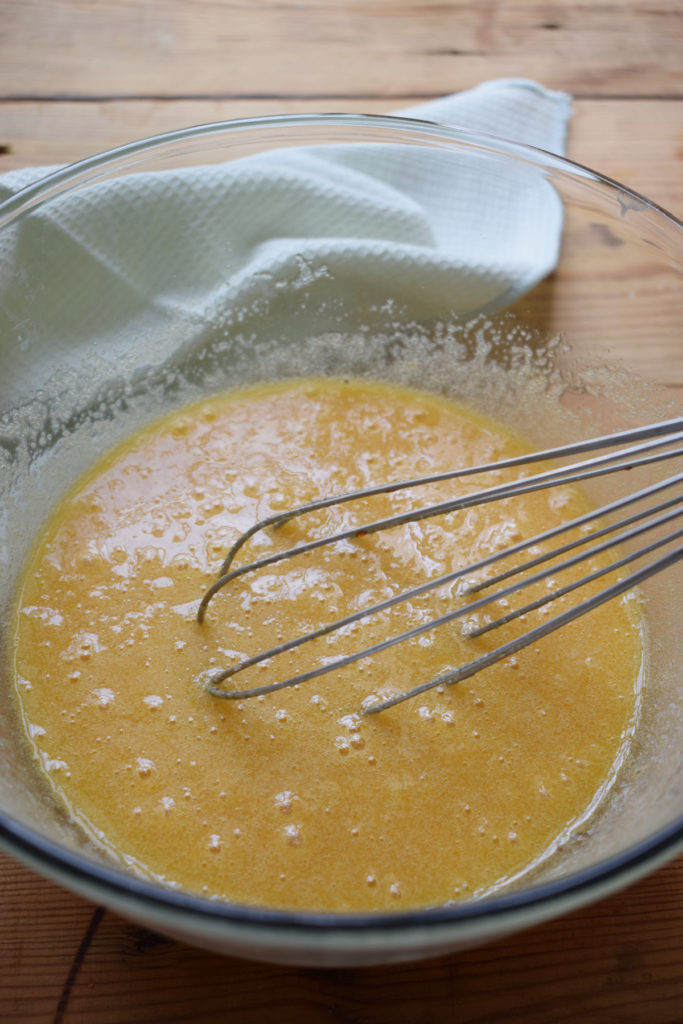 Whisked eggs, sugar and vanilla.