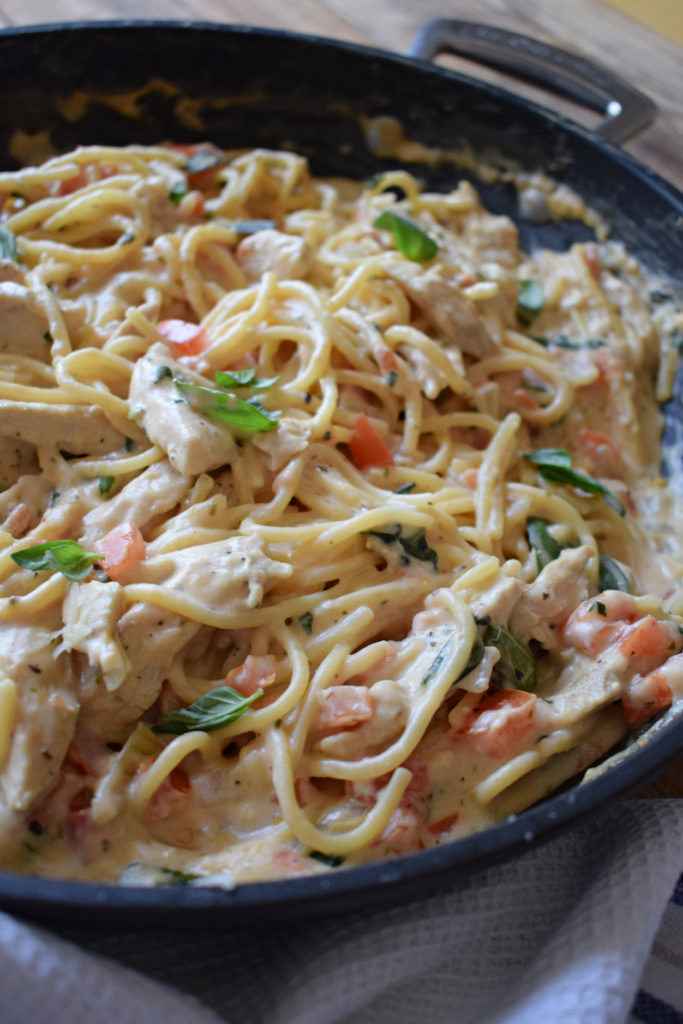 One pot creamy chicken pasta in a skillet