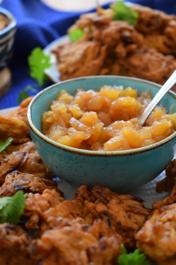 Onion Bhajis with mango chutney