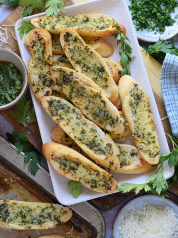 Crostini on a white plate.