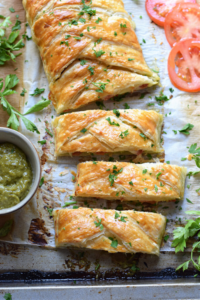 Caprese pastry braid cut into strips.