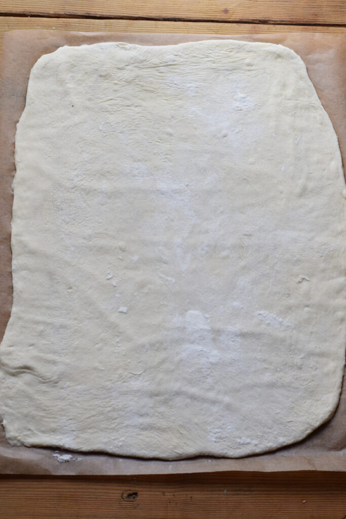 Pizza dough rolled out into a rectangle.