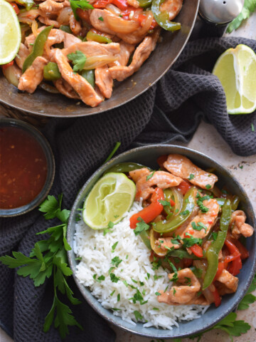 Stir fry in a wok and in a bowl.