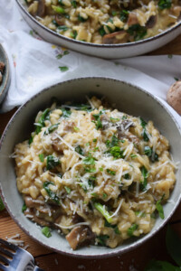 mushroom risotto in a bowl.