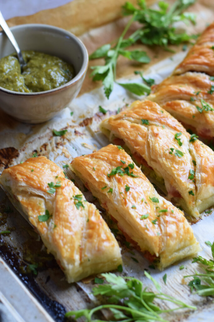 Close up of caprese pastry braid.