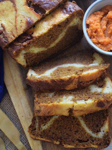 Close up of pumpkin cream cheese loaf cake.