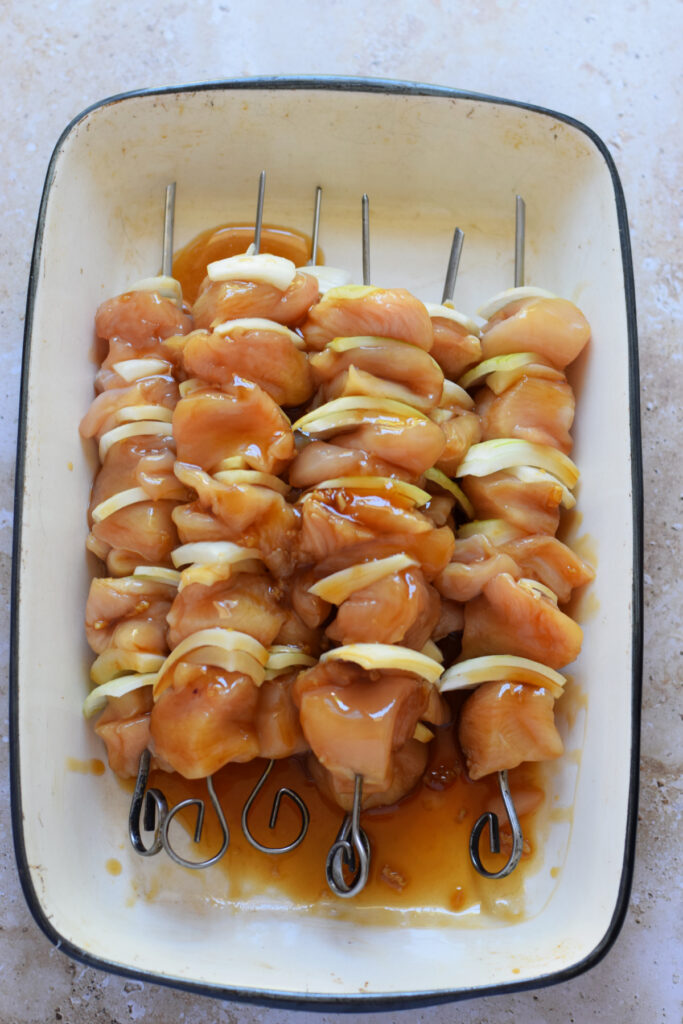Chicken skewers ready cook.