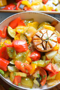 Close up of roasted Mediterranean vegetables.