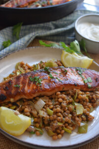 Close up of salmon and lentils on a plate.