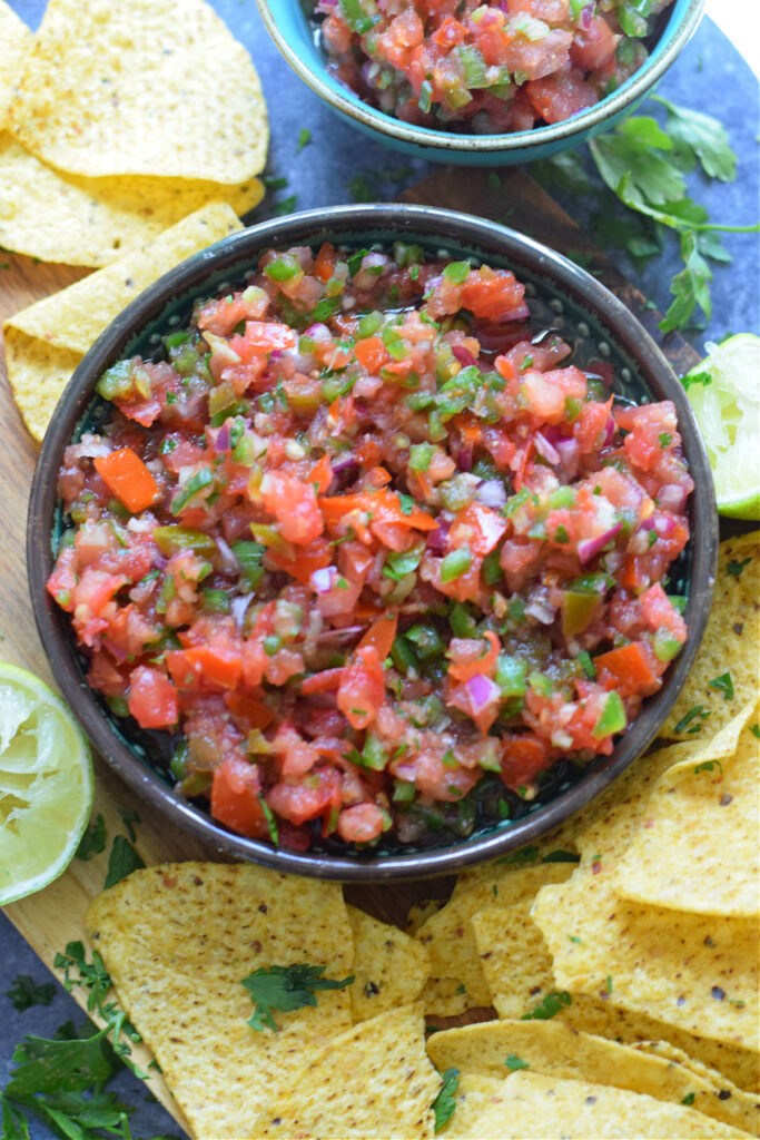 Homemade salsa with tortilla chips.