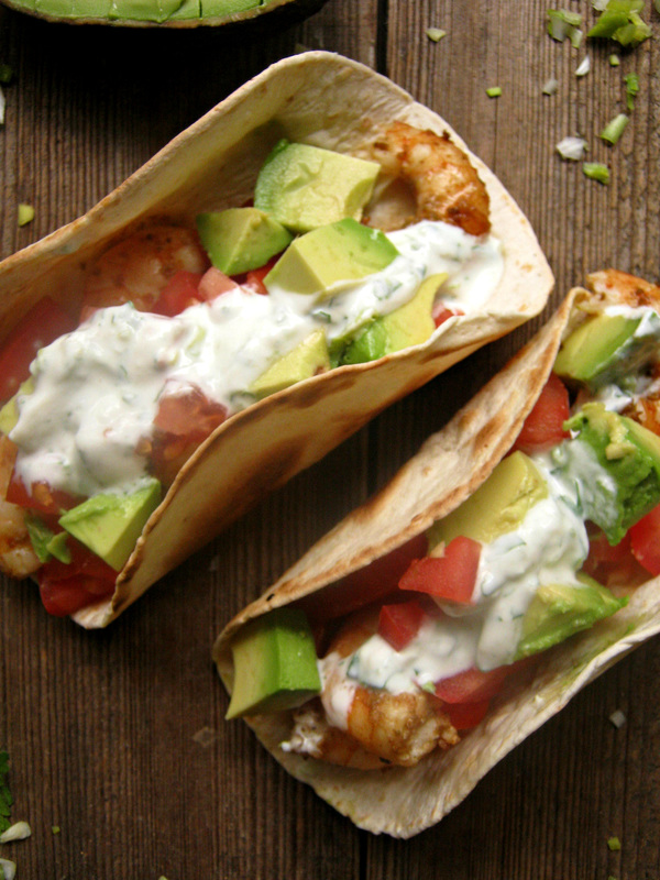 over head close up view of the shrimp tacos