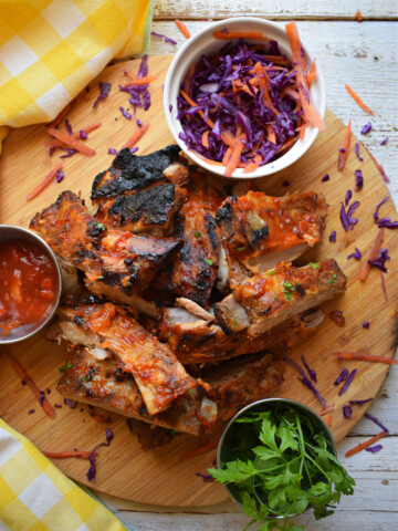over head table view of the slow cooker barbecue ribs