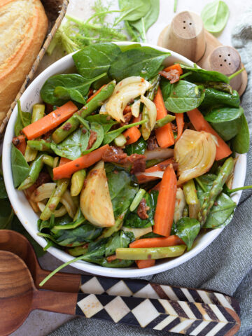 Close up of a spring vegetable stir fry.