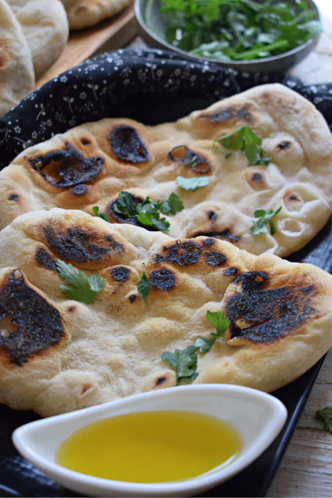 stove top nann bread with olive oil and parsley