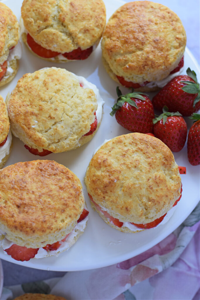 Strawberry scones on a white plate.