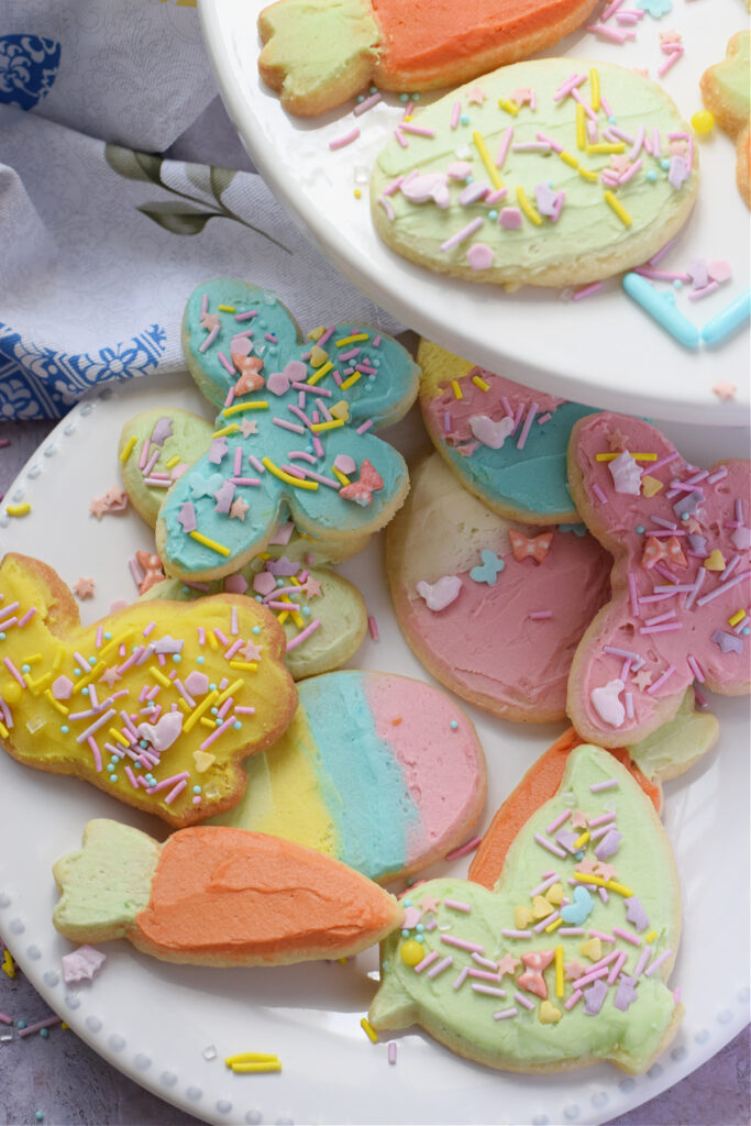 Easter frosted sugar cookies on a plate.