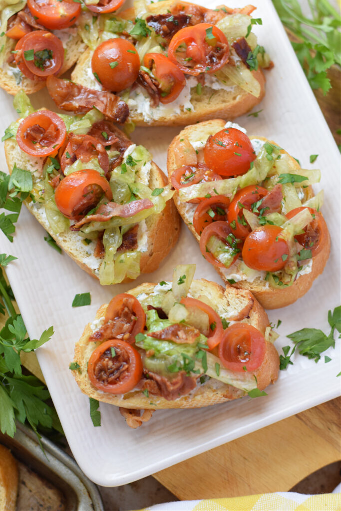 Close up of blt bruschetta.