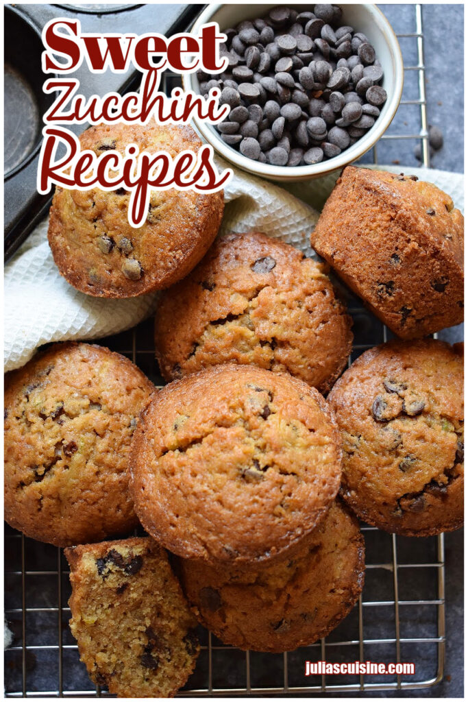Chocolate chip zucchini muffins with chocolate chips on the side.