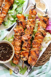 Grilled teriyaki chicken skewers.