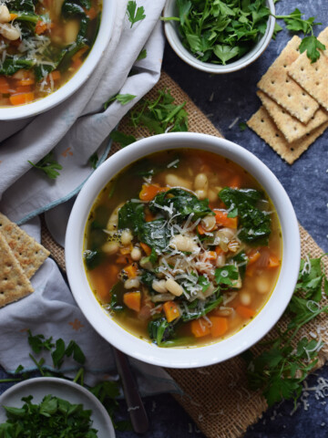Bean soup in bowls on a dark background.