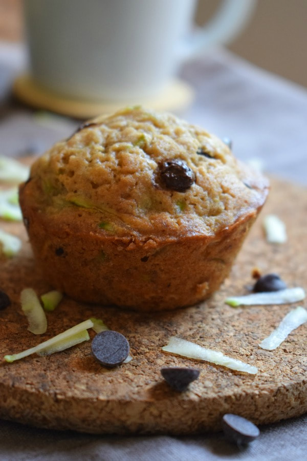 close up of a chocoalte chip zucchini muffin