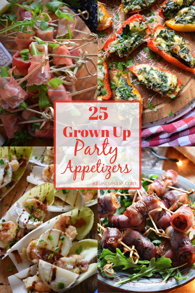 Photo collage of grown up party appetizers.