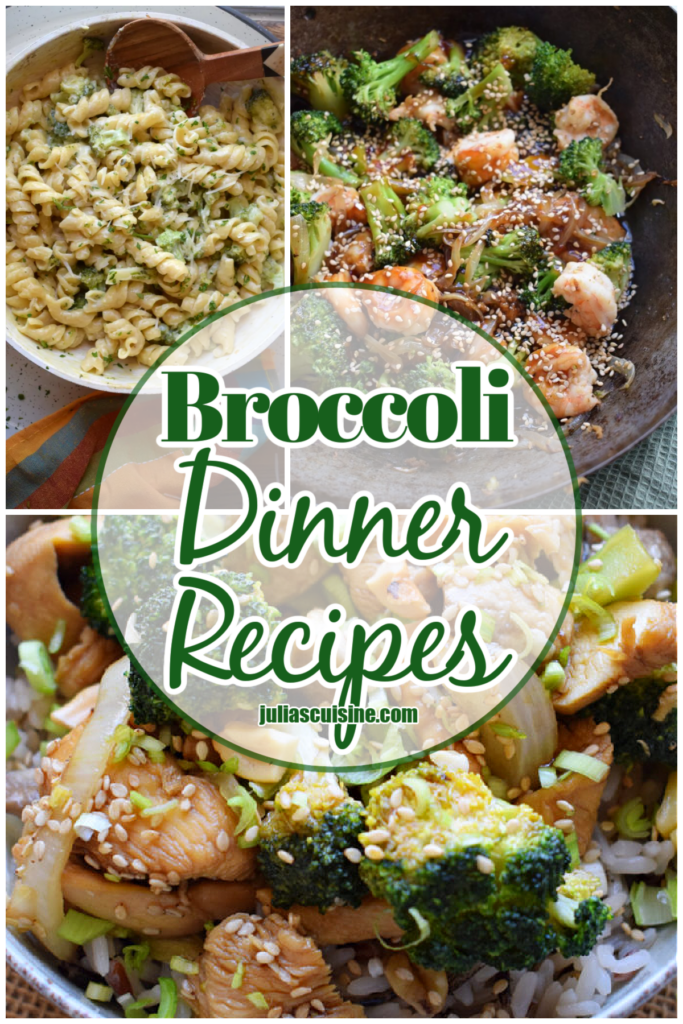 Photo collage of broccoli reciipes.